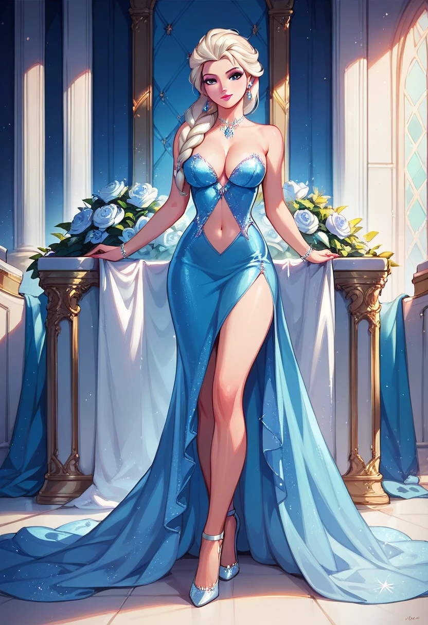 score_9,score_8_up,score_7_up,score_6_up, cowboy shot, Elsa, elegant, navel, high heels, on the throne, in the palace.