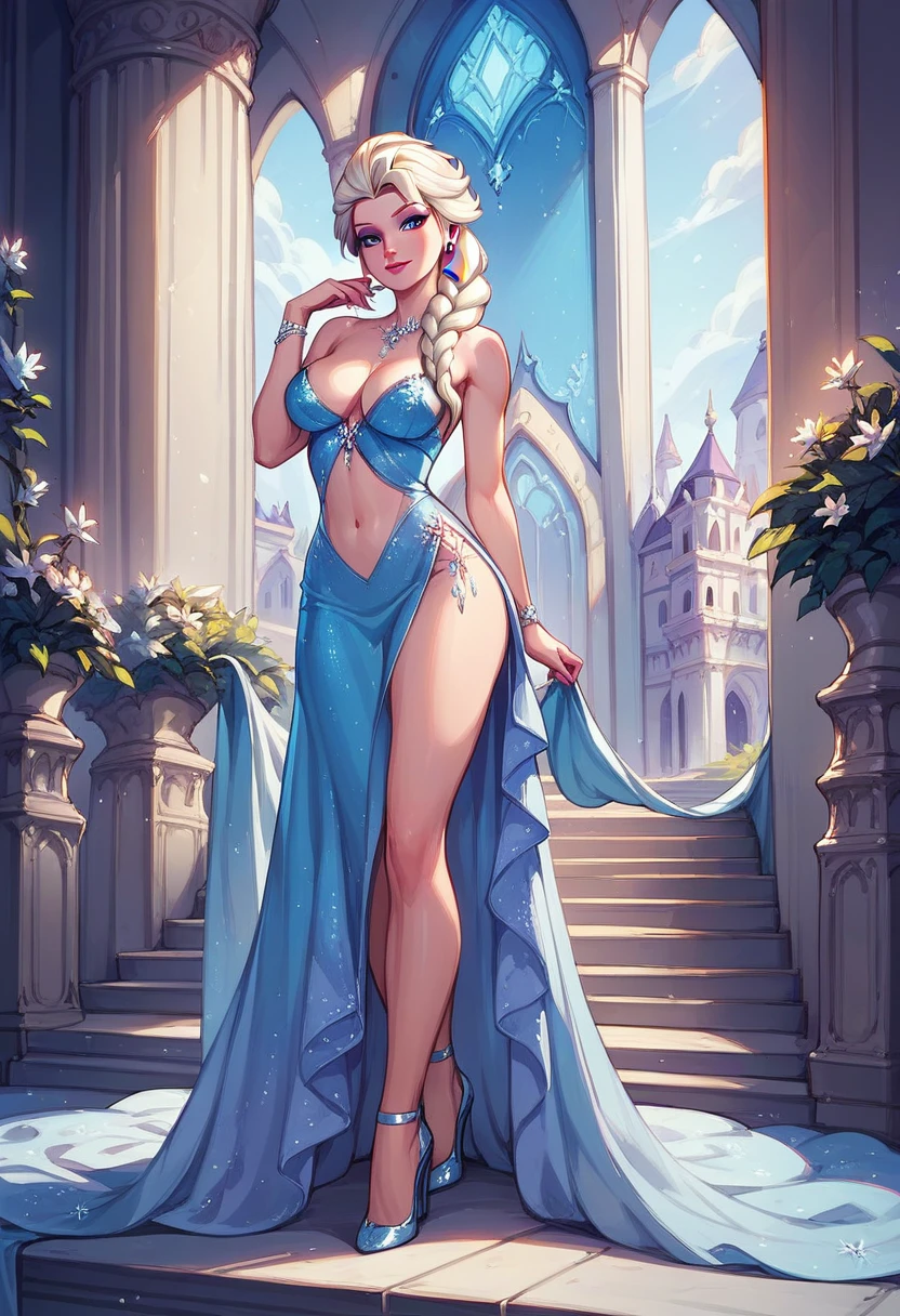 score_9,score_8_up,score_7_up,score_6_up, cowboy shot, Elsa, elegant, navel, high heels, on the throne, in the palace.