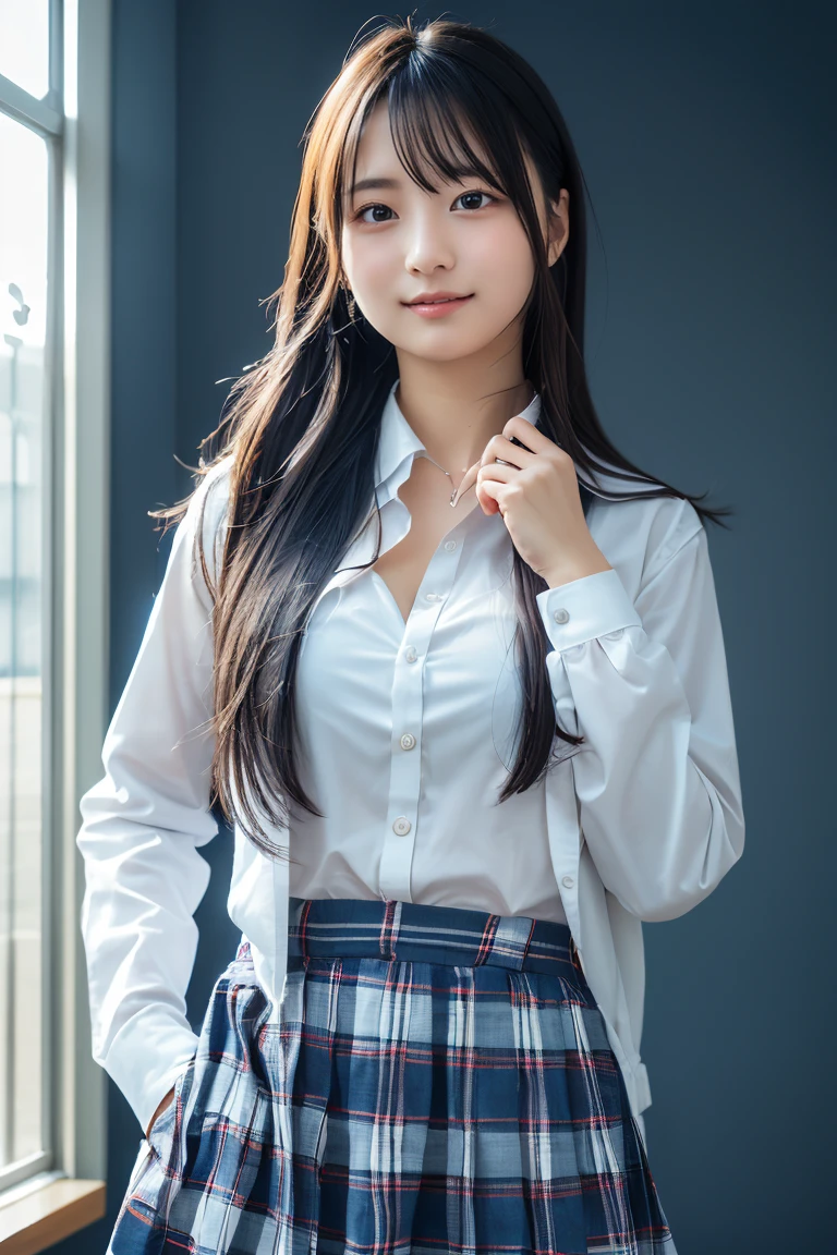 ((school uniform)),ribbon at neck,(school uniform and ((Plaid navy skirt)) and white shirt:1.1), Skin color, big , smile, (8k, RAW Photos, Highest quality, masterpiece:1.2), masterpiece, super detailed, super high quality, (Realistic and Realistic photography:1. 37), High-resolution RAW color photos, Very delicate and beautiful, highly detailed, 8k壁紙, wonderful, detailed, Very eye, very detailed, very detailed skin, very thin fingers, very detailed nose, very detailed mouth, Perfect Anatomy, Upper Body, studio, Soft lighting, A full-body shot of a cute idol wearing a one-piece swimsuit, Playful pose, Hands on hips, smile, Pastel Background, Realistic, Attention to detail, studio photography