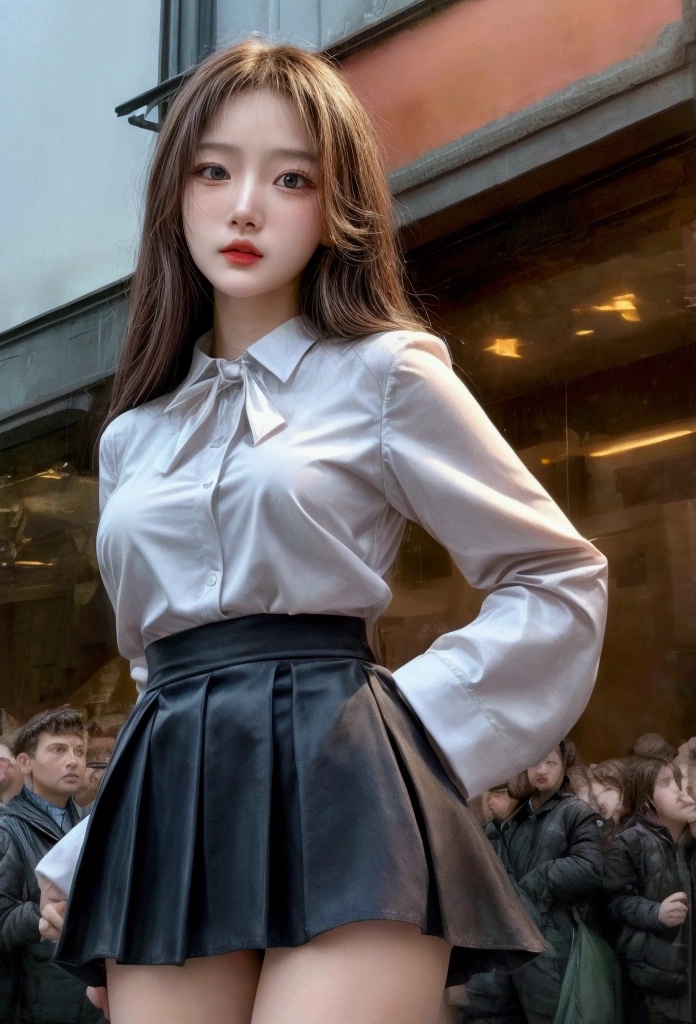 super fine illusion, (masterpiece,Highest quality, detailed), One girl, crowd, From below, In front of the station, Meeting, Date, mini skirt, whole body