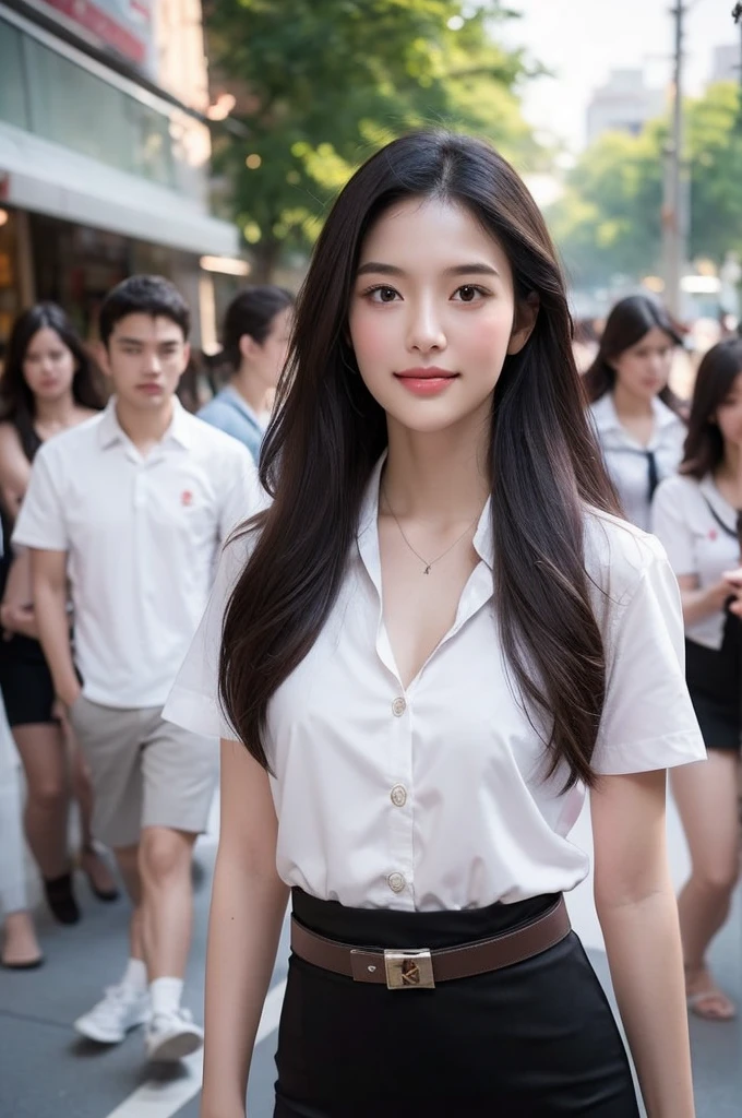 Masterpiece, best quality, 8k, photorealistic, anatomically correct, depth of field, Young Thai woman, 21 years old, My hair is long and wavy., brown hair, shy expression , Eyes on the camera, Long eyelashes, plump lips, cheekbone, small nose, Short chin, Smooth and soft skin, long neck, The figure is very thin., Dark eyebrows, Blush red cheeks, Eyes on the camera, smile a little, small breasts, white short sleeve shirt, collar shirt, women belt, black short pencil skirt, very short, side slit, Long, slender legs, full body, Walking in the middle of a street crowded with people in university