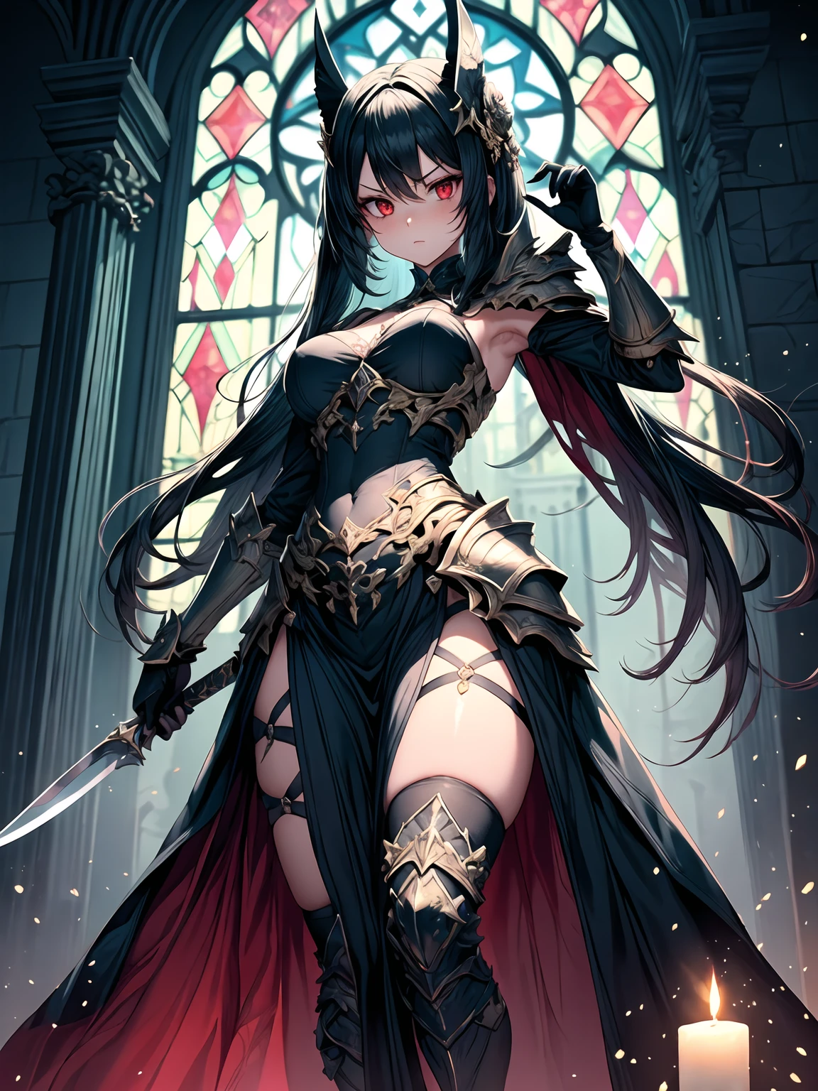 (((masterpiece, best quality, 16k)))A breathtaking artwork of a female character of unimaginable beauty, set in a dark and opulent environment. The full-body view reveals an impressive figure, exuding an aura of power and mystery. She wears black and gold unique armor, radiating a luxurious darkness. Her armor is detailed and characteristic, with intricate golden designs that shimmer in the dim light. Ornate shoulder pads protect her shoulders, and the armor perfectly molds to her body, accentuating her formidable presence. Her long black hair flows like a river of darkness, contrasting with her mesmerizing scarlet eyes. Her beauty is almost supernatural, a perfect blend of grace and menace. She wields a cursed blade that seems to pulse with malevolent energy, enhancing her aura of danger. The setting around her is a gothic and luxurious environment, with dark arches and stained glass windows that filter a supernatural light. In the background, candles flicker, casting dancing shadows on the intricately carved stone walls. It is a place that blends elegance and terror, perfectly reflecting the essence of the character.
