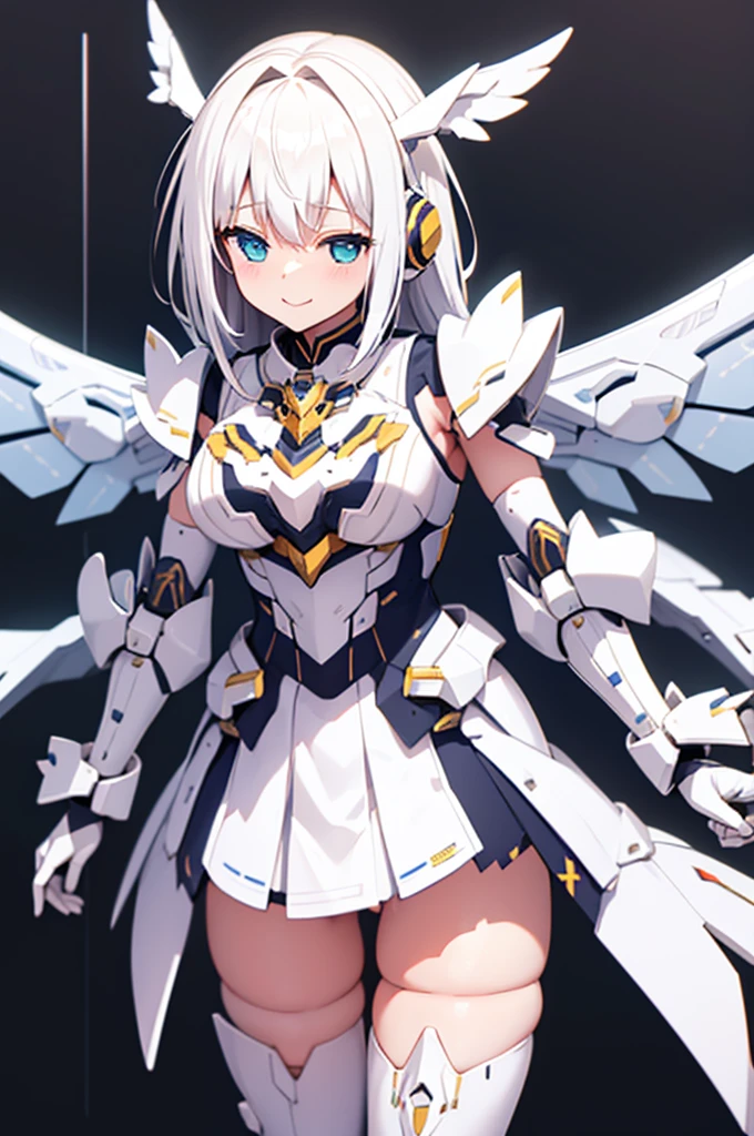 mecha wings、white and yellow skirt、Accentuated thighs、White tights、chest、Beautiful white hair、1 girl、solo girl、Thick thighs、IS、Frame Arms Girl、Alice Gere Aegis、White Armor、income、headphone、hand on own chest、smile、Idol Costume