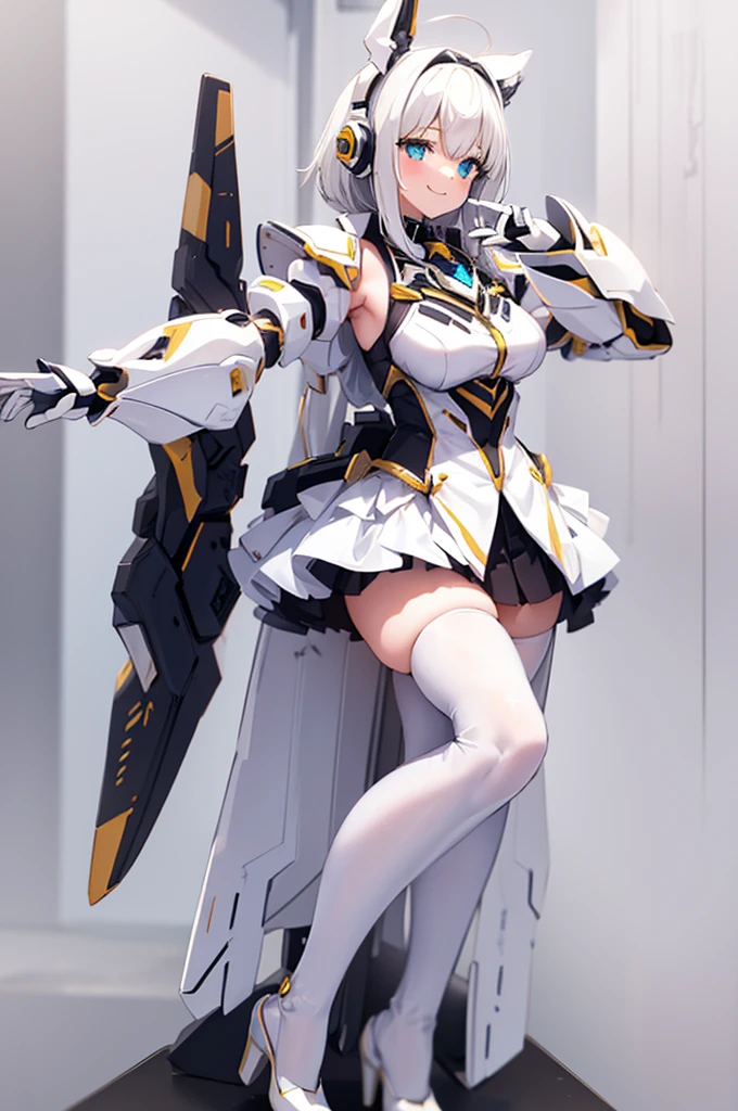 mecha wings、white and yellow skirt、Accentuated thighs、White tights、chest、Beautiful white hair、1 girl、solo girl、Thick thighs、IS、Frame Arms Girl、Alice Gere Aegis、White Armor、income、headphone、hand on own chest、smile、Idol Costume