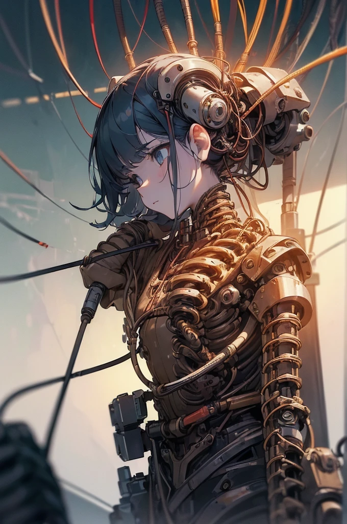 (((masterpiece))), (((best quality))), ((ultra-detailed)), (highly detailed CG illustration), ((an extremely delicate and beautiful)),(from side),cinematic light,((1mechanical girl)),solo,full body,(machine made joints:1.2),((machanical limbs)),(blood vessels connected to tubes),(mechanical vertebra attaching to back),((mechanical cervial attaching to neck)),(sitting),expressionless,(wires and cables attaching to neck:1.2),(wires and cables on head:1.2)(character focus),science fiction,extreme detailed,colorful,highest detailed