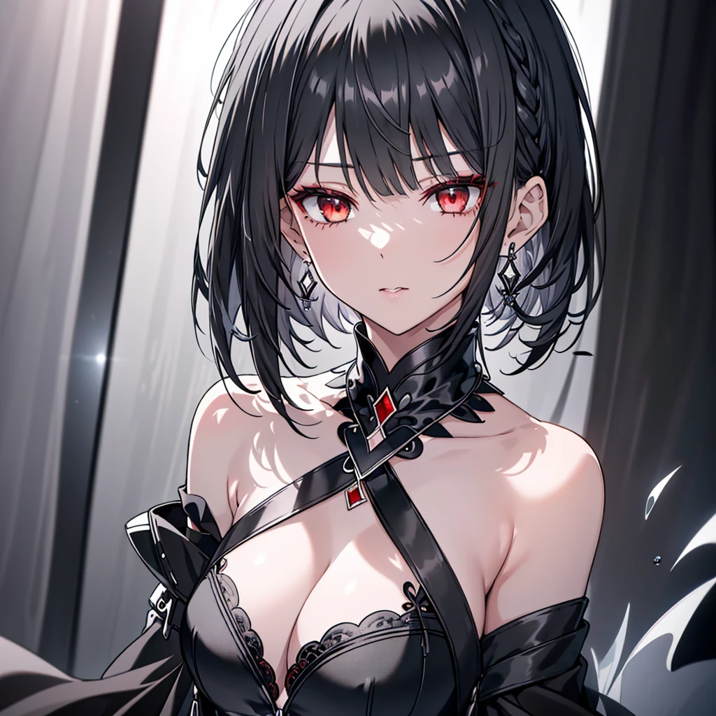 8k,High resolution RAW color art,Anime Art, (((Very detailed and cool))), Detailed skin, Blur、texture,(Exquisitely crafted, The finer details, Ultra-detailed art), (((1 girl))), Depth of written boundary, Silky Touch, Hyper Detail, (((Cool face))), eye shadow、Silver Marble Skin, Beautiful detailed red eyes, Beautiful lip detail, Highly detailed face, Delicate depiction of hair and eyes, Detailed Fashion, Silver earrings,Silver Bracelet、Full body depiction, Black half top、(((Shoulder Bare)))、Black shorts、black waist cloak、Black thigh highs、 Dark grey hair, Straight Hair、Short Hair、(((Hair)))、water surface、cloth、Clear face、Diagonal orientation、Hair Inner Color Red