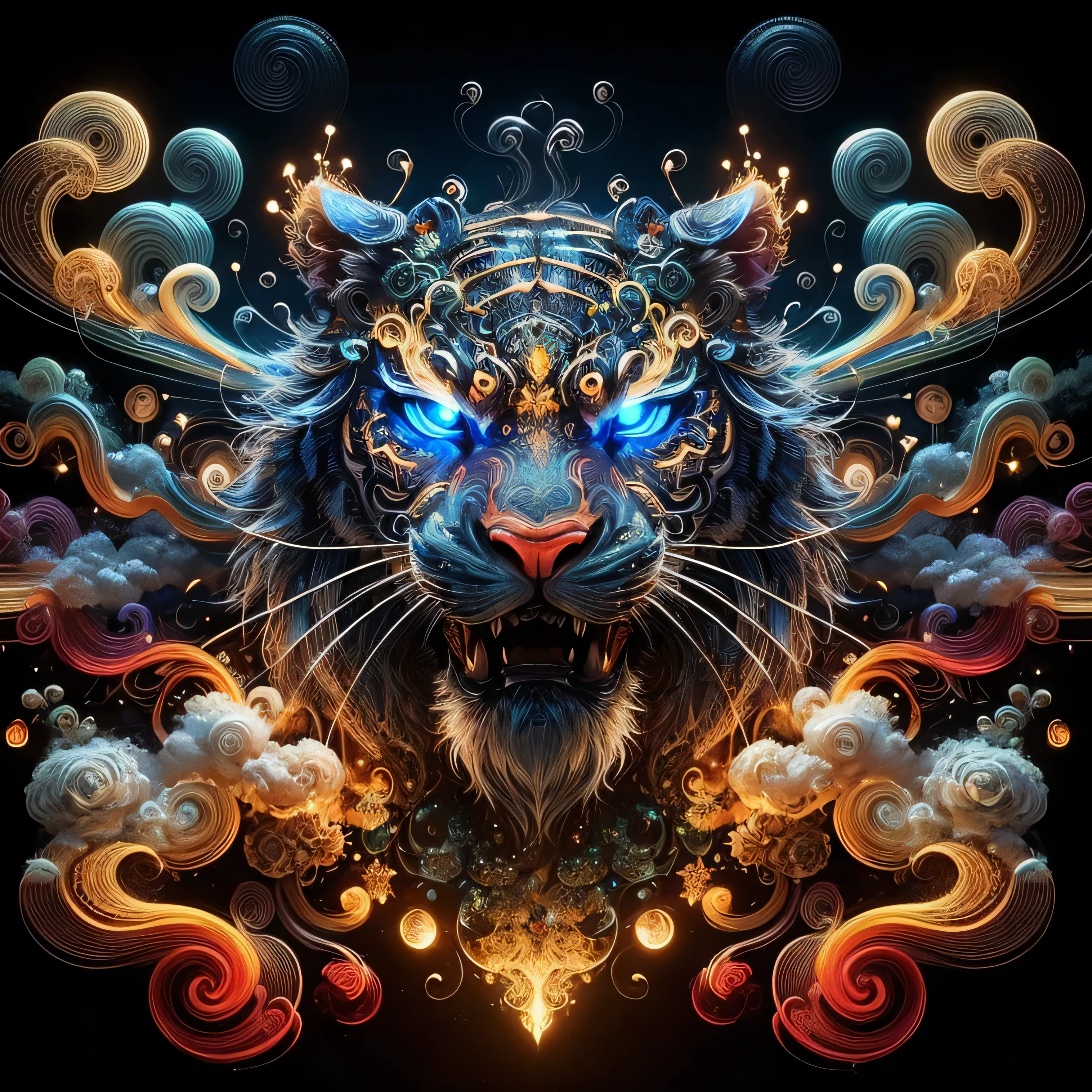 Close-up of a tiger surrounded by lots of clouds and stars, Exquisite digital art, 4k Highly detailed digital art, Highly detailed digital art, Digital fine art, Exquisite digital artwork, A complex and colorful masterpiece, Exquisite digital painting, Extremely detailed and hypnotic, A colorful and exquisite masterpiece, Exquisite digital art, Amazing digital art, Highly detailed digital artwork, Exquisitely detailed digital art