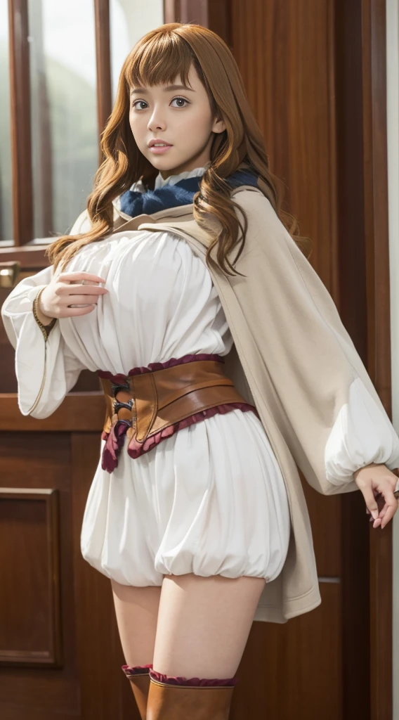 Highest quality、Highest quality、16k quality、Highly detailed figure、Highly detailed face、Highly detailed eyes、Highly detailed nose、Highly detailed facial expressions、Highly detailed costume、Very high quality costume、Highly detailed hourglass shape、Highly detailed feet、Highly detailed thighs、Being in reality、16-year-old girl、Mimosa Vermillion、main character、Brown Hair、White long sleeve knitted clothing、A brown leather belly warmer that covers the belly、服の上からYou can see the shape of the chest、Light brown、Chest-length、Poncho type、Wearing the cloak of the Magic Knights、With Magic Knights emblem、One of her breasts is visible through the gap in her cloak.、Close to the skinする服、White knit shorts、Emphasizes the shape of the chest、Brown leather thigh-length boots、Her thighs are visible between her shorts and boots.、You can see the shape of the chest、F cup bust size、Big Breasts、Close to the skin、Tight、Full body photo、Are standing、Emphasizes the beauty of thigh muscles、Full body photo、Front view