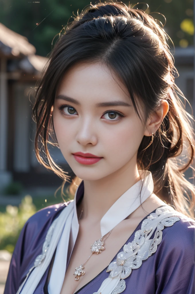 1 beautiful girl in Hanfu costume, ((black thin purple silk shirt with a lot of texture)), white lace top, long purple platinum ponytail Hair, Jewelry, ear jewelry, necklaces and necklaces, carefully drawn big purple eyes, makeup careful, thin eyebrows, high nose, beautiful red lips, no smile, pursed lips, rosy cheeks, wide breasts, big breasts, proportional breasts, slim waist, purple fishnet socks, chinese hanfu style, fictional art texture, colorful bright and realistic, RAW Photo, Realistic Photo, ultra high quality 8k surreal photo, (effective fantasy light effect: 1.8), 10x pixels, magical effect (Background): 1.8), ultradetailed eyes, full body portrait of girl , Chinese royal garden background, dynamic pose