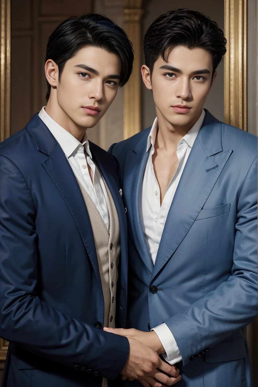 ((masterpiece)),((best quality)),8K,high detail,Very detailed, Very manly,3 men, like,fashion pose, Realistic skin texture, Light,
Royal blue style couple,Perfect hand details