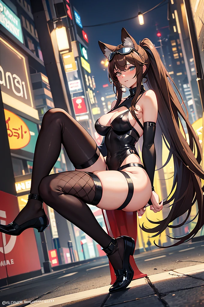 brown hair, tall, long hair, large breasts, black tape on nipples, fishnet leggings, vagina, ski goggles perched on hair, cute, sexy, whore, slut, 18 years old, blushing, sexy legs, long legs, city, streets, big city, nighttime, neon, alone, lonely, isolated, ponytail, black thong, nsfw, hair covering breasts,