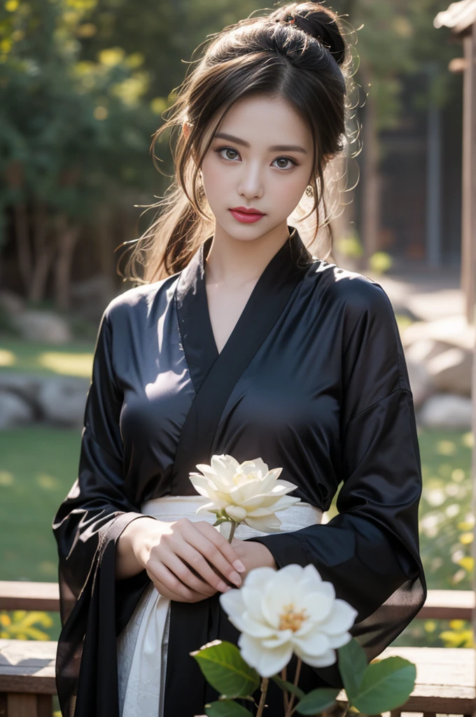 1 beautiful girl in Hanfu costume, ((black thin purple silk shirt with a lot of texture)), white lace top, long purple platinum ponytail Hair, Jewelry, ear jewelry, necklaces and necklaces, carefully drawn big purple eyes, makeup careful, thin eyebrows, high nose, beautiful red lips, no smile, pursed lips, rosy cheeks, wide breasts, big breasts, proportional breasts, slim waist, purple fishnet socks, chinese hanfu style, fictional art texture, colorful bright and realistic, RAW Photo, Realistic Photo, ultra high quality 8k surreal photo, (effective fantasy light effect: 1.8), 10x pixels, magical effect (Background): 1.8), ultradetailed eyes, full body portrait of girl , Chinese royal garden background, dynamic pose