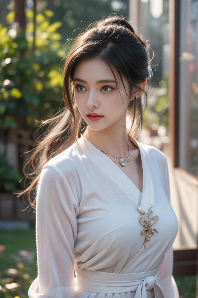 1 beautiful girl in Hanfu costume, ((black thin purple silk shirt with a lot of texture)), white lace top, long purple platinum ponytail Hair, Jewelry, ear jewelry, necklaces and necklaces, carefully drawn big purple eyes, makeup careful, thin eyebrows, high nose, beautiful red lips, no smile, pursed lips, rosy cheeks, wide breasts, big breasts, proportional breasts, slim waist, purple fishnet socks, chinese hanfu style, fictional art texture, colorful bright and realistic, RAW Photo, Realistic Photo, ultra high quality 8k surreal photo, (effective fantasy light effect: 1.8), 10x pixels, magical effect (Background): 1.8), ultradetailed eyes, full body portrait of girl , Chinese royal garden background, dynamic pose