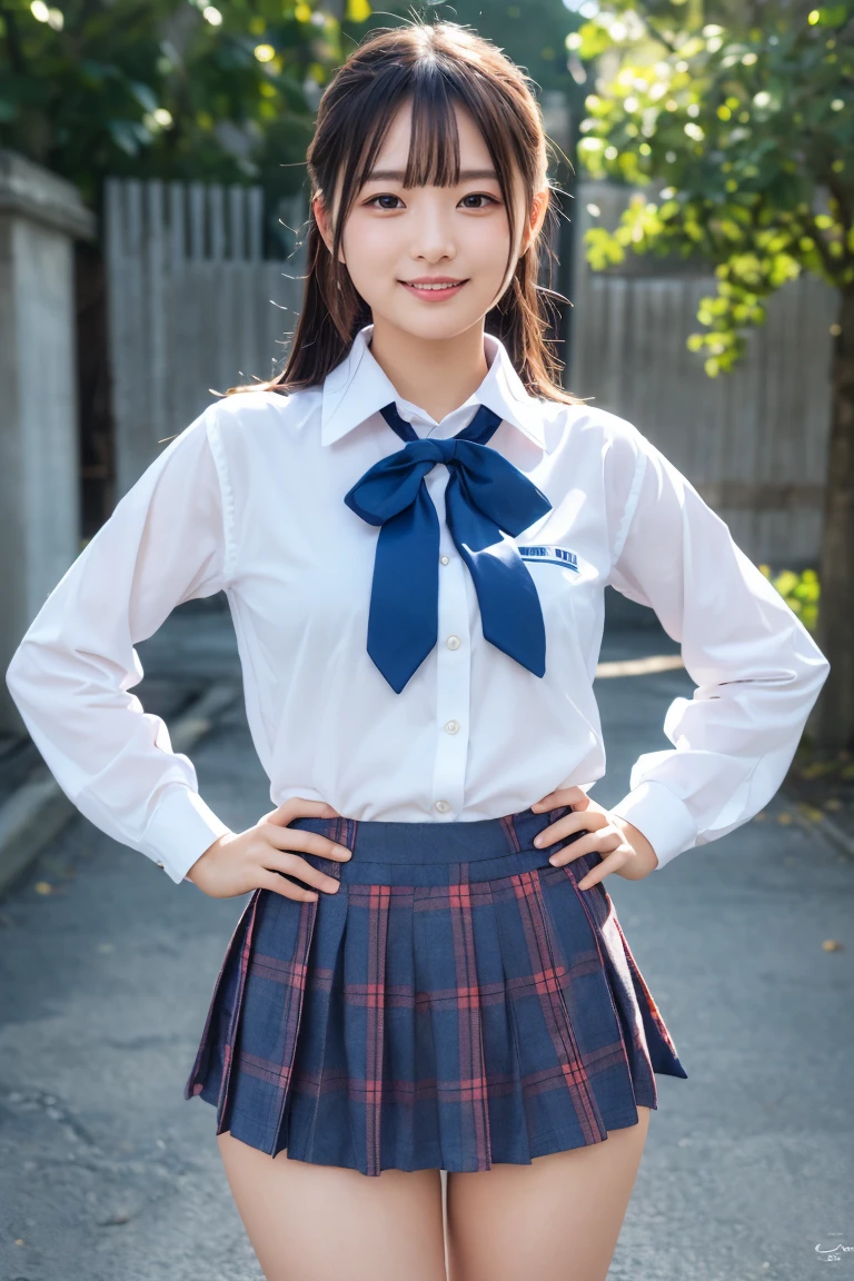 ((school uniform)),ribbon at neck,(school uniform and ((Plaid navy skirt)) and white shirt:1.1), Skin color, big , smile, (8k, RAW Photos, Highest quality, masterpiece:1.2), masterpiece, super detailed, super high quality, (Realistic and Realistic photography:1. 37), High-resolution RAW color photos, Very delicate and beautiful, highly detailed, 8k壁紙, wonderful, detailed, Very eye, very detailed, very detailed skin, very thin fingers, very detailed nose, very detailed mouth, Perfect Anatomy, Upper Body, studio, Soft lighting, A full-body shot of a cute idol wearing a one-piece swimsuit, Playful pose, Hands on hips, smile, Pastel Background, Realistic, Attention to detail, studio photography