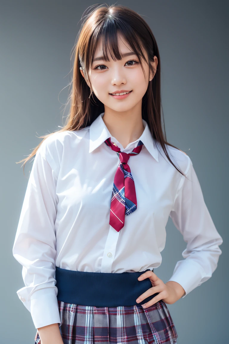 ((school uniform)),ribbon at neck,(school uniform and ((Plaid navy skirt)) and white shirt:1.1), Skin color, big , smile, (8k, RAW Photos, Highest quality, masterpiece:1.2), masterpiece, super detailed, super high quality, (Realistic and Realistic photography:1. 37), High-resolution RAW color photos, Very delicate and beautiful, highly detailed, 8k壁紙, wonderful, detailed, Very eye, very detailed, very detailed skin, very thin fingers, very detailed nose, very detailed mouth, Perfect Anatomy, Upper Body, studio, Soft lighting, A full-body shot of a cute idol wearing a one-piece swimsuit, Playful pose, Hands on hips, smile, Pastel Background, Realistic, Attention to detail, studio photography