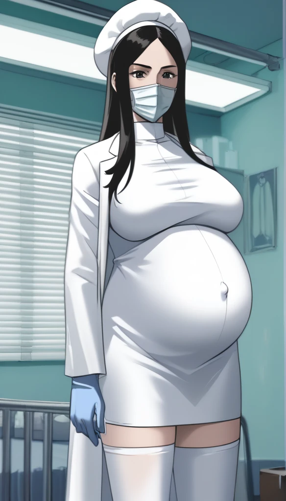 score_9, score_8_up, score_7_up, source_anime, raw image, masterpiece, highest quality, kasuganoray, very charming, pale skin, she narrowed her eyes, eyes want to have sex, her eyes were filled with a high level of lust, looking_at_viewer, long black hair, close ears, big breasts, tip of nipple, scrubs, surgical mask, bouffant cap, long sleeve maternity dress, put on another long sleeved coat, seamless, navel head, the dress isn't wrinkled, tight fitting, long white stockings,
1girl, pregnant, solo, good shape, sexy, long rubber gloves, looking down, look at viewer, furrowed brow, hospital bed, light shines from the ceiling, standing, patient room background, she has a high sex drive, she is sexually arousing, she looked like she really wanted to have sex, she is inquiring about the patient's condition, she persuaded him to have sex with her, she invites you have sex with her, she invites you to have sex with her, she acted sexually, masturbate, she looks like she wants to have sex, her posture was seductive and inviting for sex, her posture gave off a highly sexual vibe, Her expression had a strong lust for sex, She is in great shape even though she is pregnant, Everyone is in love with you