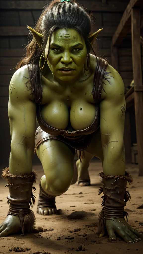 Young orc woman, female orc, chubby, fearsome, (on all fours), overweight, dirty hair, ((green skin)), skin imperfections, skin dentation, detailed eyes, big saggy breasts, wide hips, round belly, sharp Focus, ultra high quality, voluptuous, crazy details, intricate pose, (wearing dirty leather and fur clothes), tribal tattoos, (wearing dirty linen dress), dirty clothes and skin, deep cleavage, 8k uhd wallpaper, masterpiece, photography, hyperrealistic, interesting shooting angle, orczor, shewoworc, naz_grandmight,