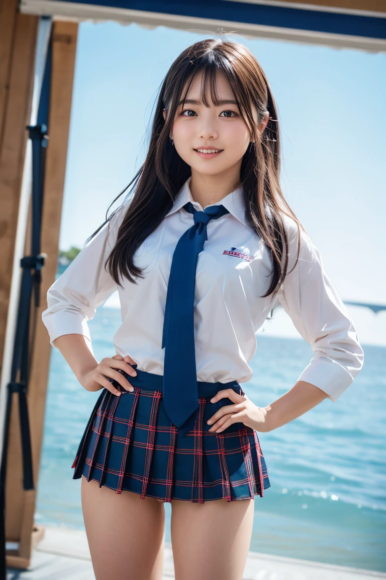 ((school uniform)),ribbon at neck,(school uniform and ((Plaid navy skirt)) and white shirt:1.1), Skin color, big , smile, (8k, RAW Photos, Highest quality, masterpiece:1.2), masterpiece, super detailed, super high quality, (Realistic and Realistic photography:1. 37), High-resolution RAW color photos, Very delicate and beautiful, highly detailed, 8k壁紙, wonderful, detailed, Very eye, very detailed, very detailed skin, very thin fingers, very detailed nose, very detailed mouth, Perfect Anatomy, Upper Body, studio, Soft lighting, A full-body shot of a cute idol wearing a one-piece swimsuit, Playful pose, Hands on hips, smile, Pastel Background, Realistic, Attention to detail, studio photography