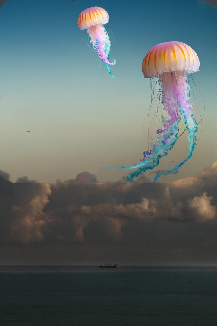 Create floting jellyfish on sky , Sea boat with horizon 