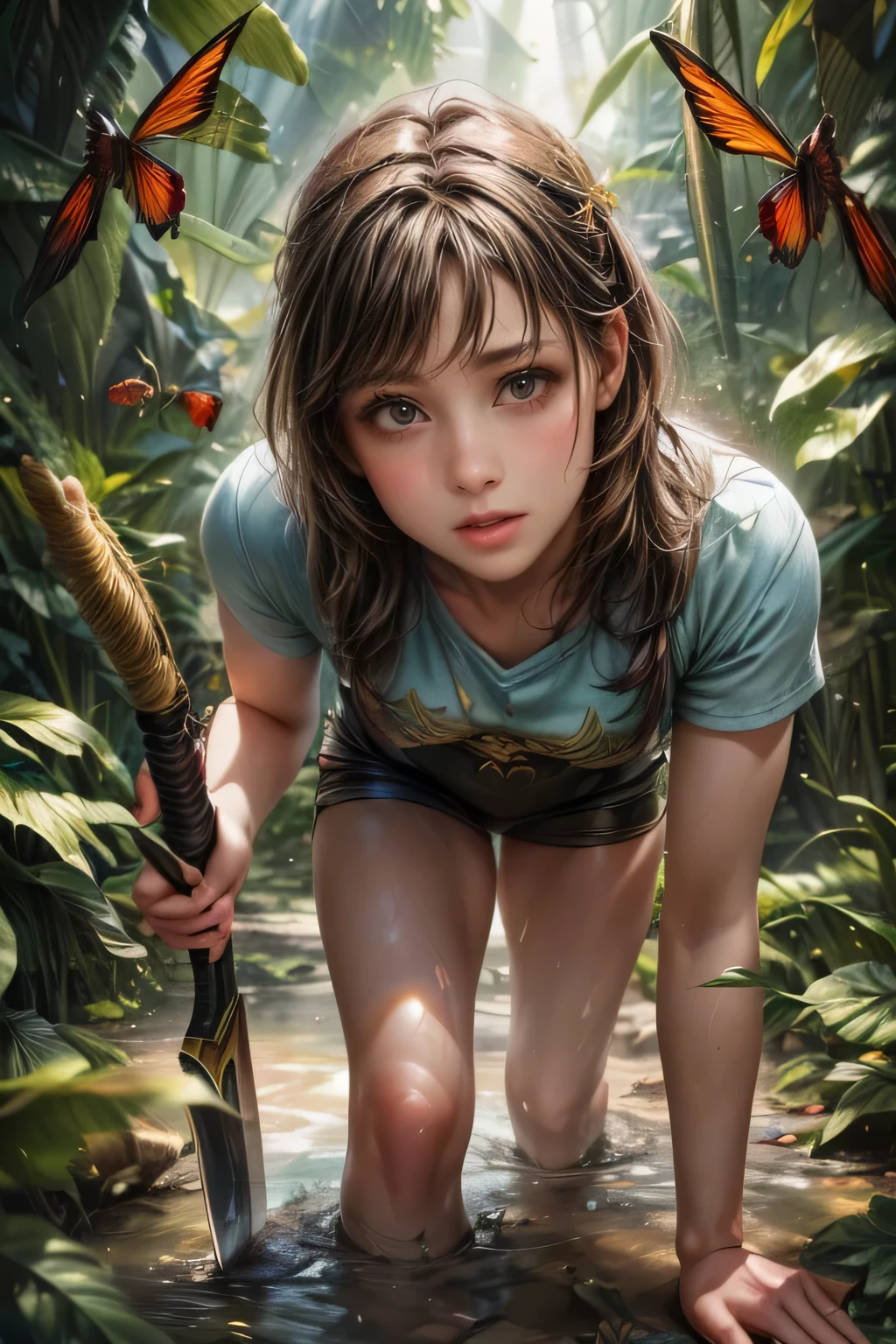 A cute adventurous treasure hunter girl exploring the deep jungle, With machete in hand, cut through the jungle and push forward, surrounded by lush foliage, exotic plants and curious insects and jungle animals, (best quality, 4k, 8k, highres, masterpiece:1.2), ultra-detailed, (realistic, photorealistic, photo-realistic:1.37), messy hair, through bangs, beautiful detailed(eyes, lips), cute face, vibrant colors, natural lighting, dynamic pose, intricate details, detailed facial features, long eyelashes, full lips, oil painting, cinematic, fantasy, adventure
