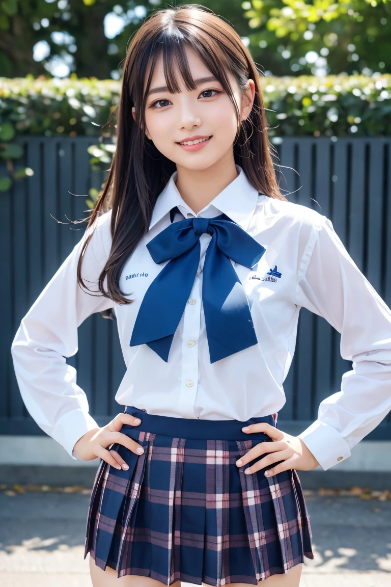 ((school uniform)),ribbon at neck,(school uniform and ((Plaid navy skirt)) and white shirt:1.1), Skin color, big , smile, (8k, RAW Photos, Highest quality, masterpiece:1.2), masterpiece, super detailed, super high quality, (Realistic and Realistic photography:1. 37), High-resolution RAW color photos, Very delicate and beautiful, highly detailed, 8k壁紙, wonderful, detailed, Very eye, very detailed, very detailed skin, very thin fingers, very detailed nose, very detailed mouth, Perfect Anatomy, Upper Body, studio, Soft lighting, A full-body shot of a cute idol wearing a one-piece swimsuit, Playful pose, Hands on hips, smile, Pastel Background, Realistic, Attention to detail, studio photography