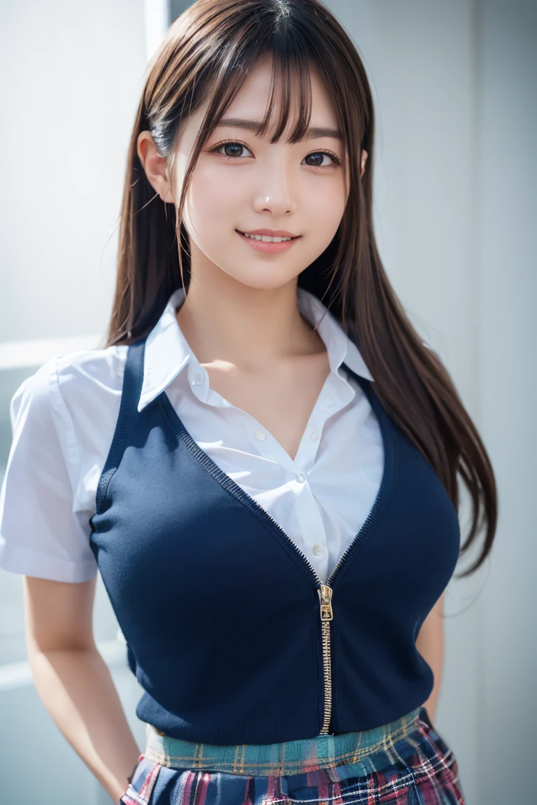((school uniform)),ribbon at neck,(school uniform and ((Plaid navy skirt)) and white shirt:1.1), Skin color, big , smile, (8k, RAW Photos, Highest quality, masterpiece:1.2), masterpiece, super detailed, super high quality, (Realistic and Realistic photography:1. 37), High-resolution RAW color photos, Very delicate and beautiful, highly detailed, 8k壁紙, wonderful, detailed, Very eye, very detailed, very detailed skin, very thin fingers, very detailed nose, very detailed mouth, Perfect Anatomy, Upper Body, studio, Soft lighting, A full-body shot of a cute idol wearing a one-piece swimsuit, Playful pose, Hands on hips, smile, Pastel Background, Realistic, Attention to detail, studio photography