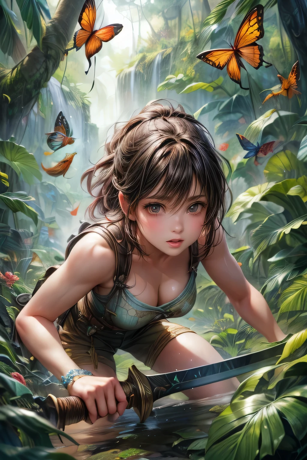 A cute adventurous treasure hunter girl exploring the deep jungle, With holding machete in hand, Cut through the jungle while swinging machete:1.2, and push forward, surrounded by lush foliage, exotic plants and curious insects, (best quality, 4k, 8k, highres, masterpiece:1.2), ultra-detailed, (realistic, photorealistic, photo-realistic:1.37), messy hair, through bangs, beautiful detailed(eyes, lips), cute face, vibrant colors, natural lighting, dynamic pose, intricate details, detailed facial features, long eyelashes, full lips, oil painting, cinematic, fantasy, adventure, full-body view