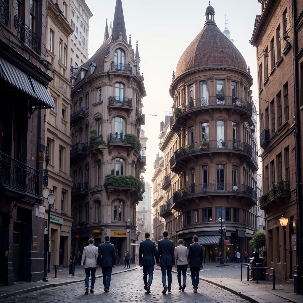 4 Men, Dans une ville, Surrealism, dreamlike atmosphere, intricate details, fascinating composition, ethereal beauty, (best quality,4K,8k,high resolution,head of&#39;artwork:1.2),ultra-detailed,(realistic,photorealistic,photo-realistic:1.37)