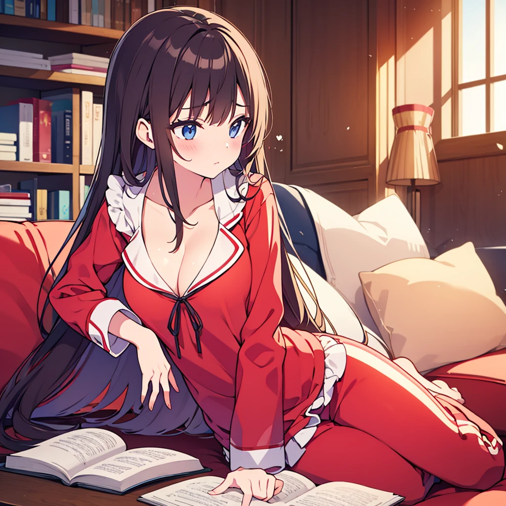 Wearing sexy pajamas, Beautiful figure, flirtatious, study room, sofa, Random charming movements, Facing the camera, full of imagination, First Love