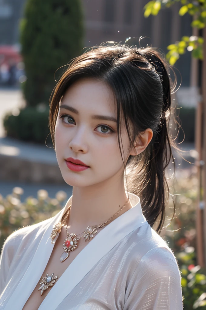1 beautiful girl in Hanfu costume, ((black thin purple silk shirt with a lot of texture)), white lace top, long purple platinum ponytail Hair, Jewelry, ear jewelry, necklaces and necklaces, carefully drawn big purple eyes, makeup careful, thin eyebrows, high nose, beautiful red lips, no smile, pursed lips, rosy cheeks, wide breasts, big breasts, proportional breasts, slim waist, purple fishnet socks, chinese hanfu style, fictional art texture, colorful bright and realistic, RAW Photo, Realistic Photo, ultra high quality 8k surreal photo, (effective fantasy light effect: 1.8), 10x pixels, magical effect (Background): 1.8), ultradetailed eyes, full body portrait of girl , Chinese royal garden background, dynamic pose