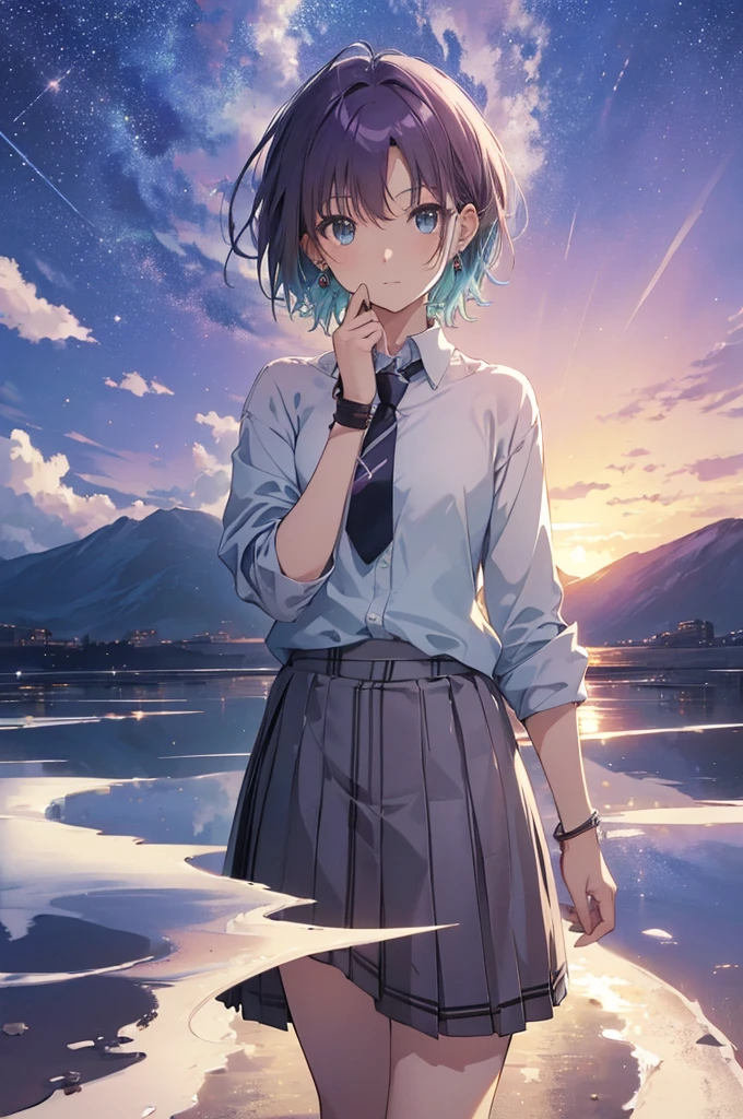 ((Highly detailed face,Perfect Face)),(Beautiful Face: 1.1), (((Perfect hands,Perfect Anatomy))),Sexy Body,Browsing Caution, <skin、The hair、quality> Transparency, Glowing Skin, shiny hair, <quality> Top quality, 4kquality, High resolution, 超High resolution, 8k,(Vibrant colors: 1.2), High resolution, Super Detail, Ultra Sharp, super High resolution, Film script, , (wonderful_quality: 1.0), ((Toru Asakura、blue hairs、Earrings、gradation hair、multi color hair、分けた前hair、Purple hair、short_hair, )), <sight、Expressionless、Pause prompt> Sparkling Eyes,View your viewers, blush, ((,Back view)), Fascinating, Shining Eyes, Nice face, Are standing , Raise one leg, ((masterpiece)), top-quality, Anime Art Wallpaper 8K, Walking on Water((Toru Asakura、blue hairs、Earrings、gradation hair、multi color hair、分けた前hair、Purple hair、short_hair, barefoot, Loose tie、cardigan、Plaid、Plaidスカート、Pleated skirt、、Skirt、Rolled up my sleeves、Wristband )),, ripple, Dawn Background, Saturn in the background, Awareness-raising, Concept Art, And soul, Key Visual, WLOPによるトレンドのpixiv Fanbox, Greg Rutkowski, Makoto Shinkai, Mamoru Hosoda, Studio Ghibli, Uyuni Salt Flats scenery