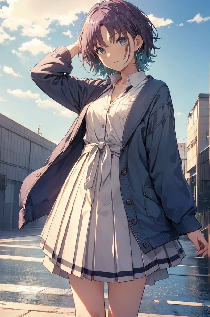 ((Highly detailed face,Perfect Face)),(Beautiful Face: 1.1), (((Perfect hands,Perfect Anatomy))),Sexy Body,Browsing Caution, <skin、The hair、quality> Transparency, Glowing Skin, shiny hair, <quality> Top quality, 4kquality, High resolution, 超High resolution, 8k,(Vibrant colors: 1.2), High resolution, Super Detail, Ultra Sharp, super High resolution, Film script, , (wonderful_quality: 1.0), ((Toru Asakura、blue hairs、Earrings、gradation hair、multi color hair、分けた前hair、Purple hair、short_hair, )), <sight、Expressionless、Pause prompt> Sparkling Eyes,View your viewers, blush, ((,Back view)), Fascinating, Shining Eyes, Nice face, Are standing , Raise one leg, ((masterpiece)), top-quality, Anime Art Wallpaper 8K, Walking on Water((Toru Asakura、blue hairs、Earrings、gradation hair、multi color hair、分けた前hair、Purple hair、short_hair, barefoot, Loose tie、cardigan、Plaid、Plaidスカート、Pleated skirt、、Skirt、Rolled up my sleeves、Wristband )),, ripple, Dawn Background, Saturn in the background, Awareness-raising, Concept Art, And soul, Key Visual, WLOPによるトレンドのpixiv Fanbox, Greg Rutkowski, Makoto Shinkai, Mamoru Hosoda, Studio Ghibli, Uyuni Salt Flats scenery