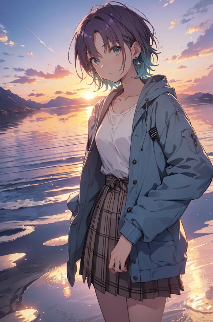 ((Highly detailed face,Perfect Face)),(Beautiful Face: 1.1), (((Perfect hands,Perfect Anatomy))),Sexy Body,Browsing Caution, <skin、The hair、quality> Transparency, Glowing Skin, shiny hair, <quality> Top quality, 4kquality, High resolution, 超High resolution, 8k,(Vibrant colors: 1.2), High resolution, Super Detail, Ultra Sharp, super High resolution, Film script, , (wonderful_quality: 1.0), ((Toru Asakura、blue hairs、Earrings、gradation hair、multi color hair、分けた前hair、Purple hair、short_hair, )), <sight、Expressionless、Pause prompt> Sparkling Eyes,View your viewers, blush, ((,Back view)), Fascinating, Shining Eyes, Nice face, Are standing , Raise one leg, ((masterpiece)), top-quality, Anime Art Wallpaper 8K, Walking on Water((Toru Asakura、blue hairs、Earrings、gradation hair、multi color hair、分けた前hair、Purple hair、short_hair, barefoot, Loose tie、cardigan、Plaid、Plaidスカート、Pleated skirt、、Skirt、Rolled up my sleeves、Wristband )),, ripple, Dawn Background, Saturn in the background, Awareness-raising, Concept Art, And soul, Key Visual, WLOPによるトレンドのpixiv Fanbox, Greg Rutkowski, Makoto Shinkai, Mamoru Hosoda, Studio Ghibli, Uyuni Salt Flats scenery
