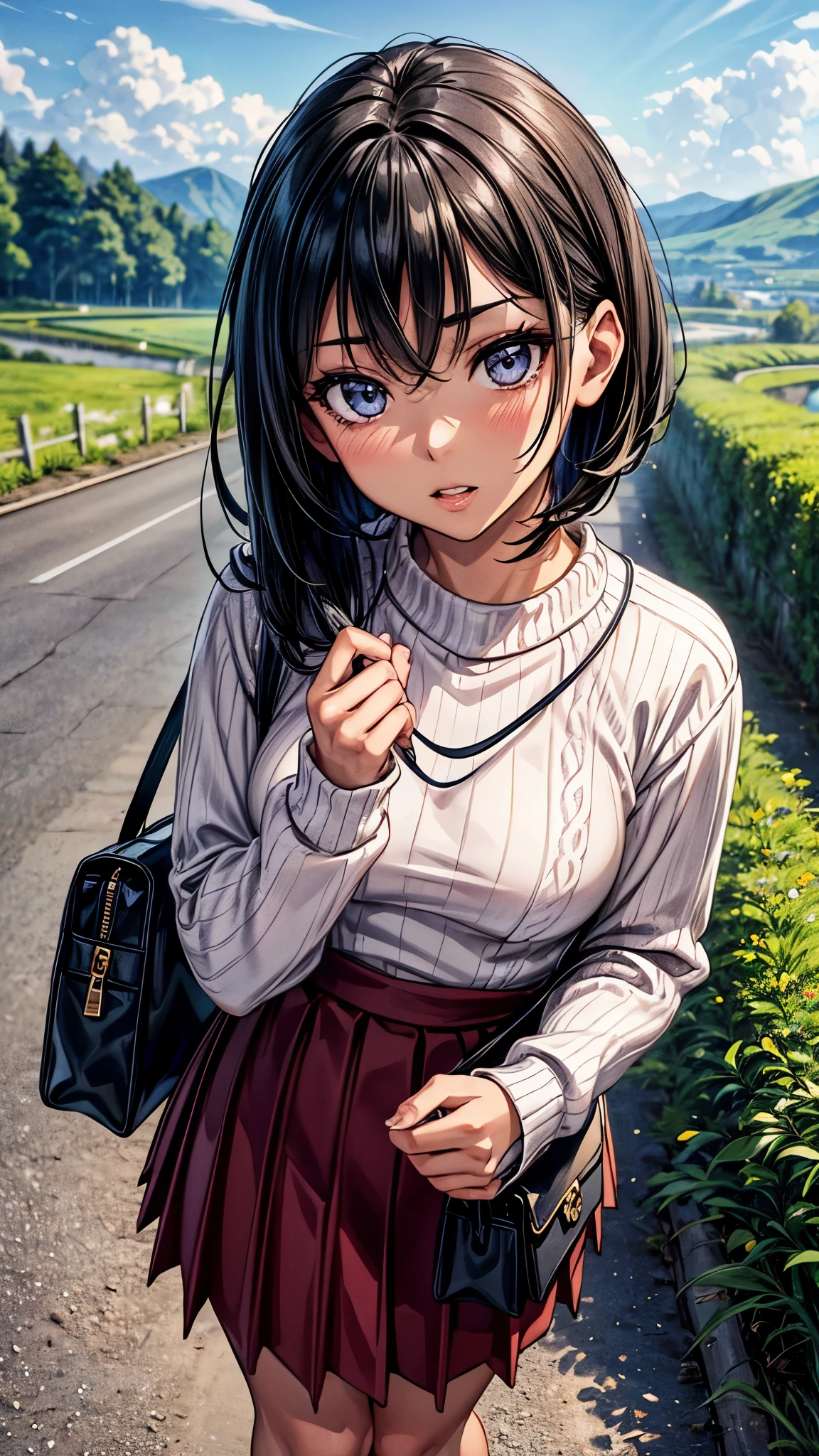 ((From above)),((look up2.0)),((face close up)),beautiful detailed eyes, beautiful detailed lips, extremely detailed eyes and face, longeyelashes, 1 Japanese girl, outside the countryside,,((dark skin color2.0)), (very short black hair),displeased,casual ((ribbed sweater)),((long sleeve)),((pink long skirt)),((high-waist skirt)),blue sneaker, shoulder bag, walk the countryside,best quality, 4k, 8k, highres, masterpiece:1.2, ultra-detailed, realistic, photorealistic, photo-realistic:1.37, HDR, UHD, studio lighting, ultra-fine painting, sharp focus, physically-based rendering, extreme detail description, professional, vivid colors, bokeh, portraits