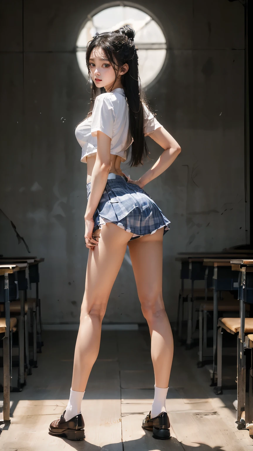 ((masterpiece)),(((最high quality))),((Photograph the whole body from knee height:1.6)),((((((脚を揃えてPlease stand up straight:1.9)))))),((Thin thighs)),((Long legs:1.3)),(((Girl standing in a school classroom:1.7))),(((Micro Mini Skirt Uniform:1.6))),((tall:1.8)),((Japan  in summer uniform:1.8)),((スリムなModel body type:1.5)),((Thin legs:1.5)),((Wearing a red tie:1.5)),Wearing a white shirt with short sleeves,Her erect nipples are clearly visible under her clothes.,(Blue checked micro mini skirt:1.2),(24-years-old:1.3),bangs,A small smile,((cute女の子)),Slender girl,(Black Loafers),((short white socks up to the ankles,)),cute,The thigh area below the groin is slim and firm,cute,Black hair ponytail,Thin legs,スリムなModel body type,Very small waist,Small hips,Long thighs,Thin thighs,Thin hands,Long hands,((((Photograph the whole body from below:1.5)))),(((((k-popのIVEのWONYOUNGにそっくりの女の子:1.9))))),((Turn your whole body straight ahead:1.8)),((tall:1.4)),(Stand with your legs straight without bending your knees:1.7),((Please stand up straight:1.7)),((turn your hips forward:1.7)),The ankles are super thin,beauty,Fine skin,Firm Skin,引き締まったThin legsの肌を細部までリアルに再現,Very detailed, Attention to detail,high quality,Awards,High resolution,(Anatomically correct:1.3),(8k,RAW Photos,最high quality,masterpiece:1.5),(((女の子をPhotograph the whole body from below:1.5))),Height 173cm,((脚を揃えてPlease stand up straight:1.7)),((脚を揃えてPlease stand up straight:1.7)),(((Keep your back straight:1.8))),((Look forward:1.2)),8頭身beauty,Model body type,((Inseam is half the height:1.5)),(Thin thighs),((k-popのIVEのWONYOUNGにそっくりの女の子:1.5)),Raw photo,Firm Skin,Fine skin,Well-trained muscular legs,Attention to detail,Vivid,Skin Texture,Genuineな皮膚感,Perfect composition,beautiful,Very detailed,High chroma,Genuine,eyeliner,eye shadow,High nose,Small nostrils,Small Mouth,Seductive lips,((White panties:1.5))