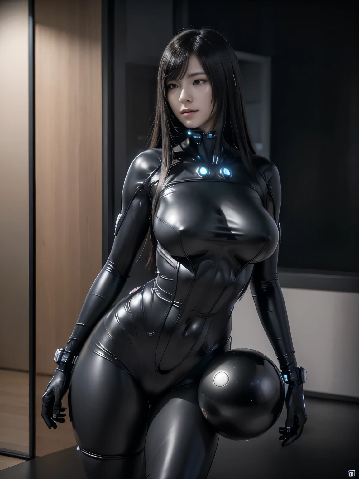 (masterpiece:1.1, Best Quality:1.1), (Photorealistic:1.3), (Bokeh), (High resolution, 8K wall paper), professional lighting, cinematic lighting, Reika Shimohira, a character of Gantz, realistic skin texture, Detailed eyes, fine eyes, perfect eyes, ultra slim waist, perfect slim body style, (ultra realistic Gantz body suit:1.1, ultra detailed Gantz body suit), ultra massive tits, ultra Huge boob, super huge cleavages, ultra huge breasts, (black, long hair), ((in the apartment room, rectangle room, no furnitures:2.0, wooden floor, white walls, closet door on left side, glass door on right side)), ((((dark atmosphere, night view via glass door)))), standing, (((looking at balance ball))), (((((ultra large black balance ball, ultra huge black balance ball, in the room))))),