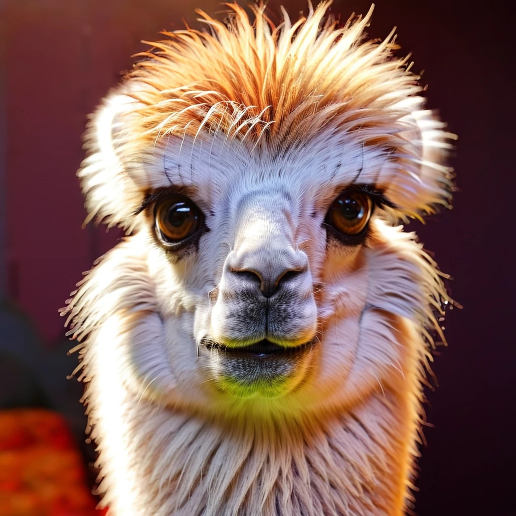 3D fluffy llama, adorable, cute big circular reflective eyes, long fuzzy fur, 3D render, cinematic smooth, intricate detail, cinematic, vibrant color, studio lighting, close up, 1:1 aspect ratio
