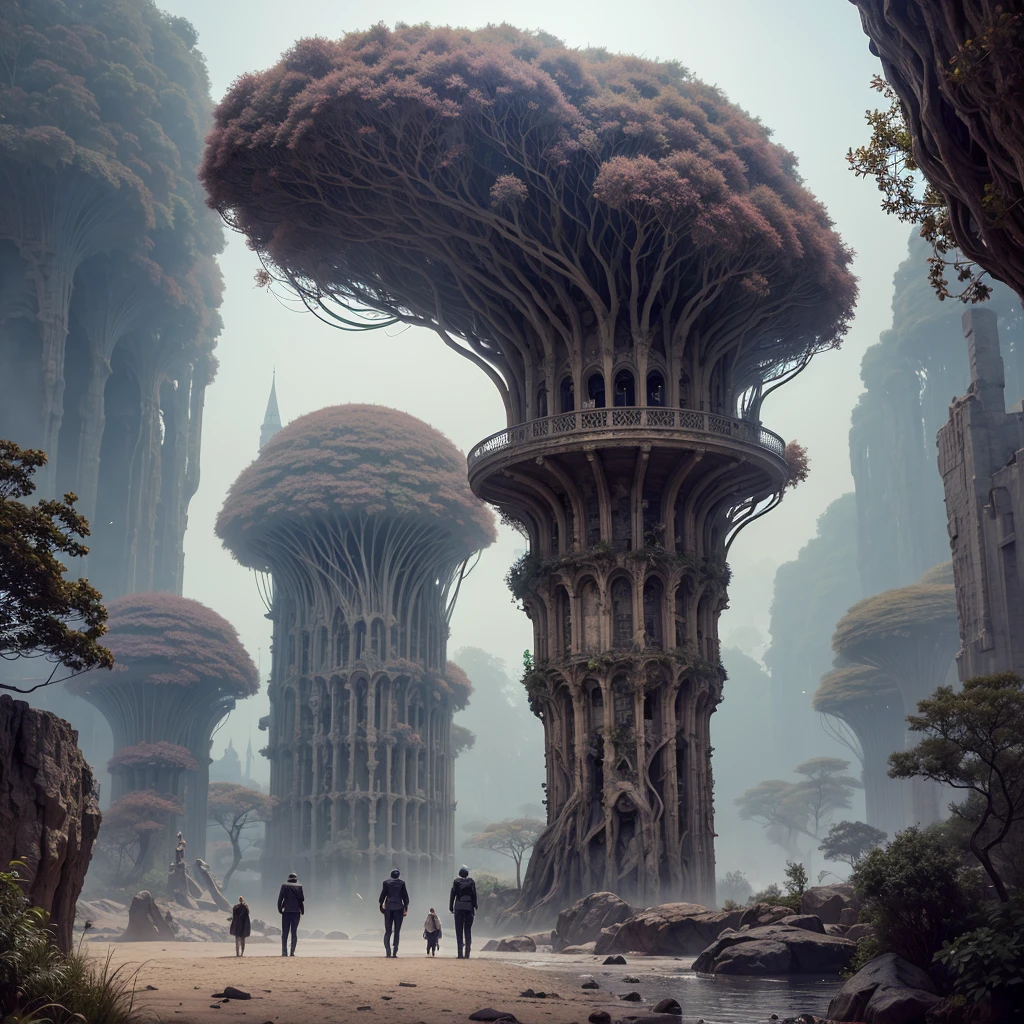 4 Men, Dans une ville, Surrealism, dreamlike atmosphere, intricate details, fascinating composition, ethereal beauty, mystical elements, paysages fantaisistes, otherworldly creatures, travail au pinceau complexe, Surrealist landscapes, images fantastiques (best quality,4K,8k,high resolution,head of'artwork:1.2),ultra-detailed,(realistic,photorealistic,photo-realistic:1.37)