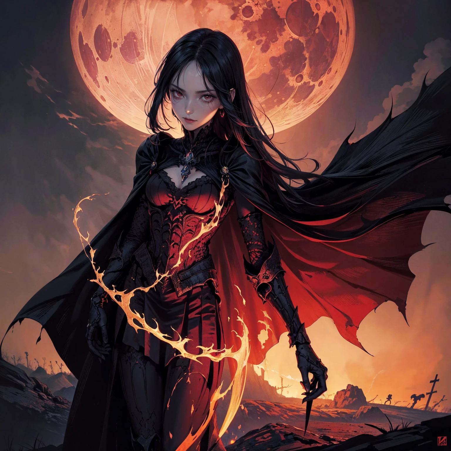 best quality, 4K, high resolution, masterpiece:1.2, Very detailed, actual:1.37, Mood lighting, Female undead lich in a long cape, Half face is normal flesh while half face is only skull, Hand and arm has no flesh but only skeleton bones, Wearing a ragged gothic skirt, Aloofness emotion, Dangerous sneer, Beautiful but cruel smile, Black Hair, Standing, Facing the camera, Crucified, Pitch black sky, Blood-red moon, strange atmosphere, Gothic style, Unforgettable beauty, Dramatic shadows, Ethereal Light, Mysterious atmosphere.