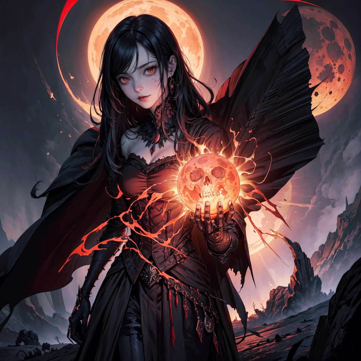 best quality, 4K, high resolution, masterpiece:1.2, Very detailed, actual:1.37, Mood lighting, Female undead lich in a long cape, Half face is normal flesh while half face is only skull, Hand and arm has no flesh but only skeleton bones, Wearing a ragged gothic skirt, Aloofness emotion, Dangerous sneer, Beautiful but cruel smile, Black Hair, Standing, Facing the camera, Crucified, Pitch black sky, Blood-red moon, strange atmosphere, Gothic style, Unforgettable beauty, Dramatic shadows, Ethereal Light, Mysterious atmosphere.