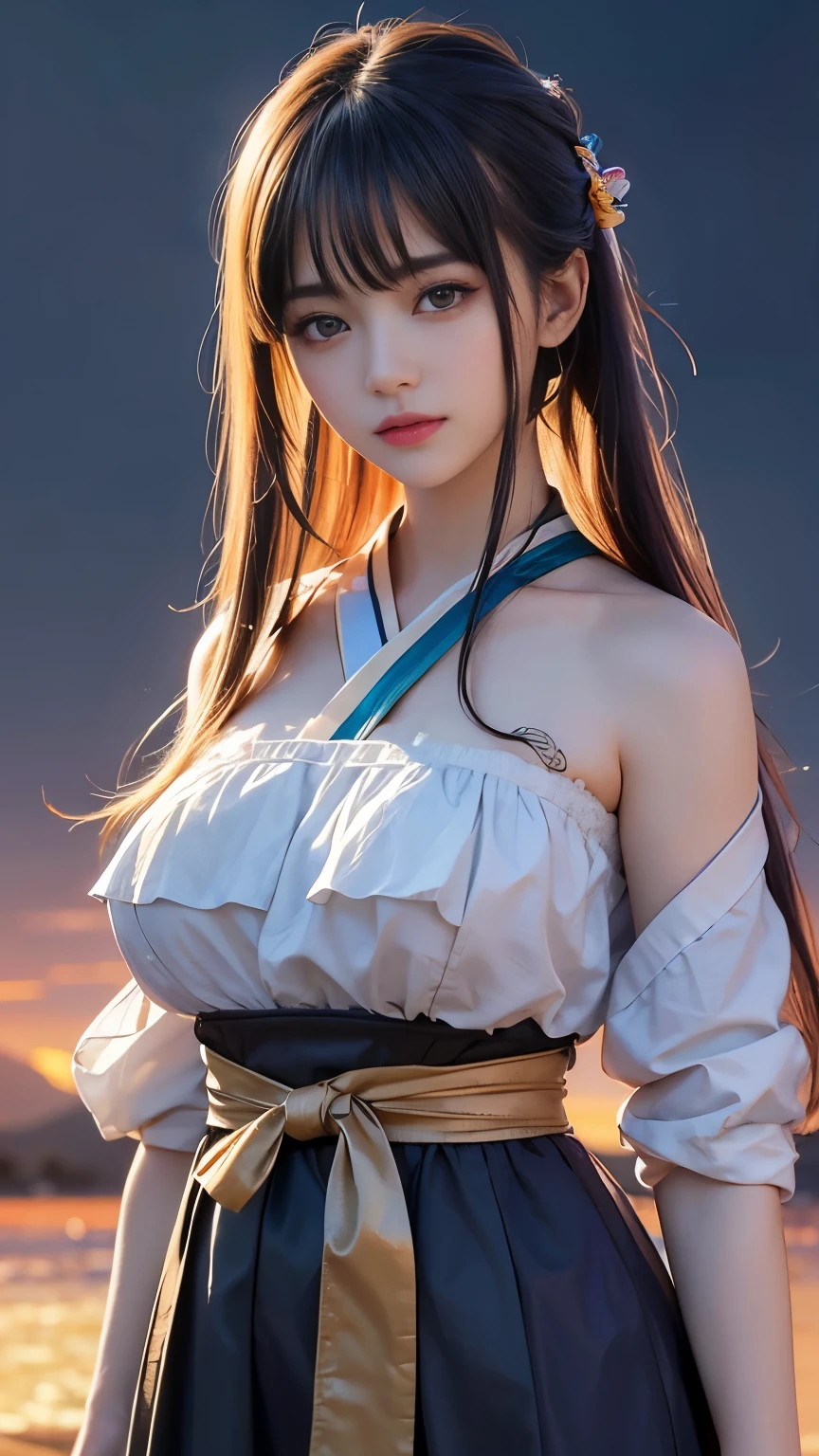 (masterpiece, 最high quality, 最high quality, Official Art, beautifully、aesthetic:1.2), Very detailed,colorful,Most detailed,night、深night、Degrees of Freedom:1.8、Shrine maiden:1.3、Anatomically correct , (Shiny skin), (Many colors:1.4), beautiful、Japanese、Super big breasts:1.99、Small waist:1.3、High resolution、high quality、high resolution、Realistic、realism、Photorealistic、Realistic textured face and body、Perfect Anatomy、beautiful、Rainbow Hair、realism、Realistic、Photorealistic、Raw photo、超A high resolution 、SLR、Octane Rendering、Detailed Background:Sunset、Large Breasts、