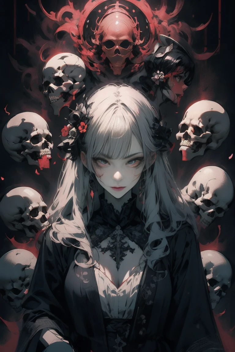 Young girl, I was lost in the eerie sight of skeletons., Her face contorted into a frozen expression., crazy laughter. grotesque, blood red liquid, This dark fantasy painting is meticulously crafted for 8K resolution, Intricately combined clothing details, Ultra-realistic skin texture. Dynamic, The gloomy colors add to the sinister atmosphere.. The dramatic lighting、Accentuates fine facial features and insanity, her seductive look, Amazingly beautiful
