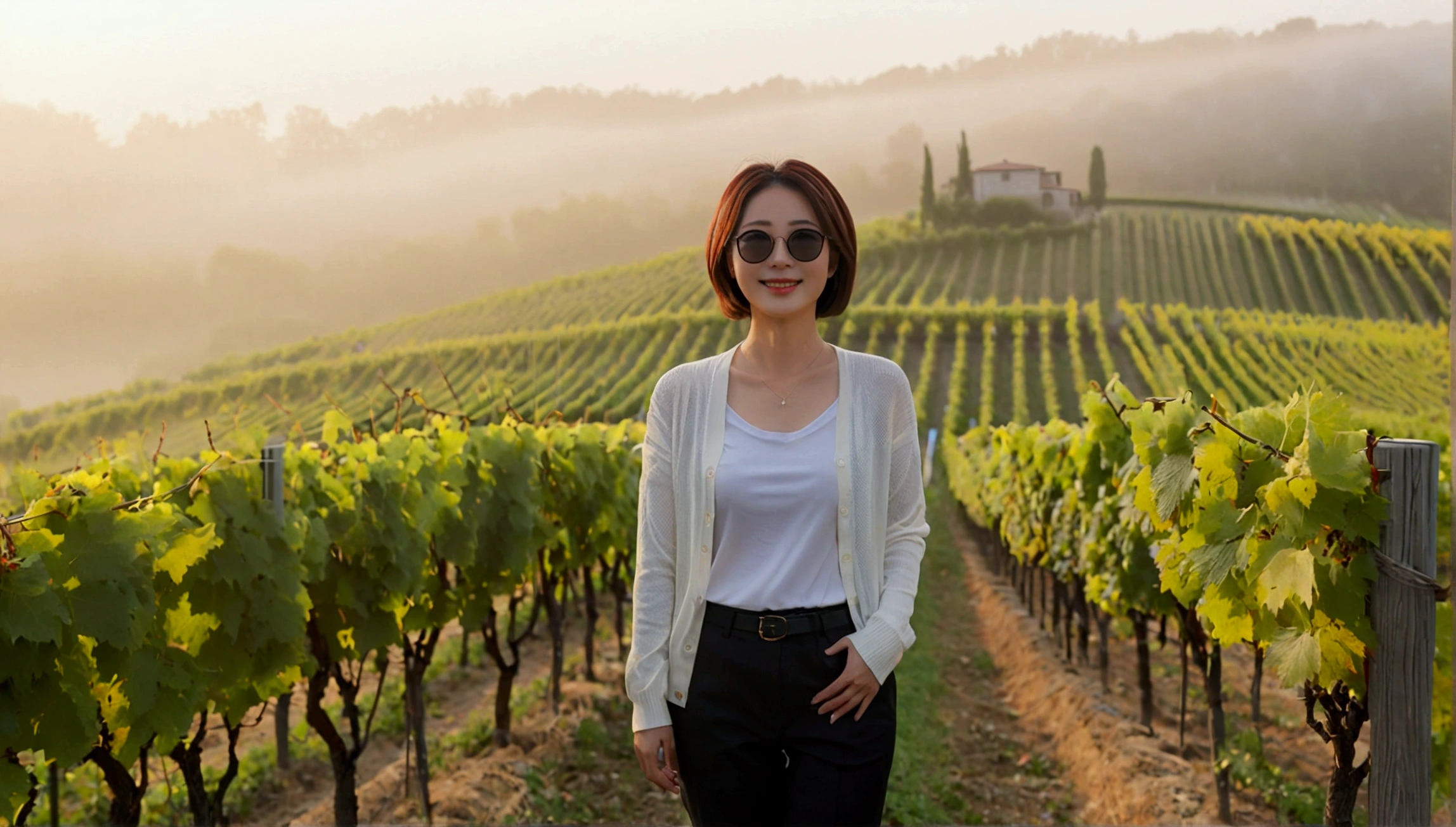 8k, lifelike photo,, 36 year old Korean woman, Short in stature, pretty like a model. front view, white shirt and short cardigan, casual pants, short medium hair, smiling, Italy. vineyard, thick dawn fog. vineyard 지나 smother 속으로 저 멀리 성당이 보인다. Full body shot from afar with a wide angle lens , 1 woman, Short in stature, looking at the camera, superb picture quality, The morning fog is thick, The picture quality is alive.. Full body shot with Canon 16-35 wide angle lens, wearing black sunglasses, Looking up the side., The cathedral is visible in the red morning sunlight.., standing on the hill, smother