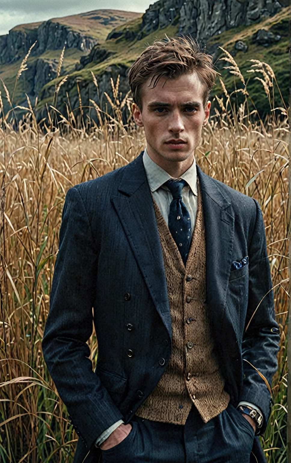 a man stands behind tall grass, in the style of fashion photography, scottish landscapes, light bronze and dark blue, deconstructed tailoring, close-up shots, brooding mood --ar 132:161 --s 750 --v 5.2