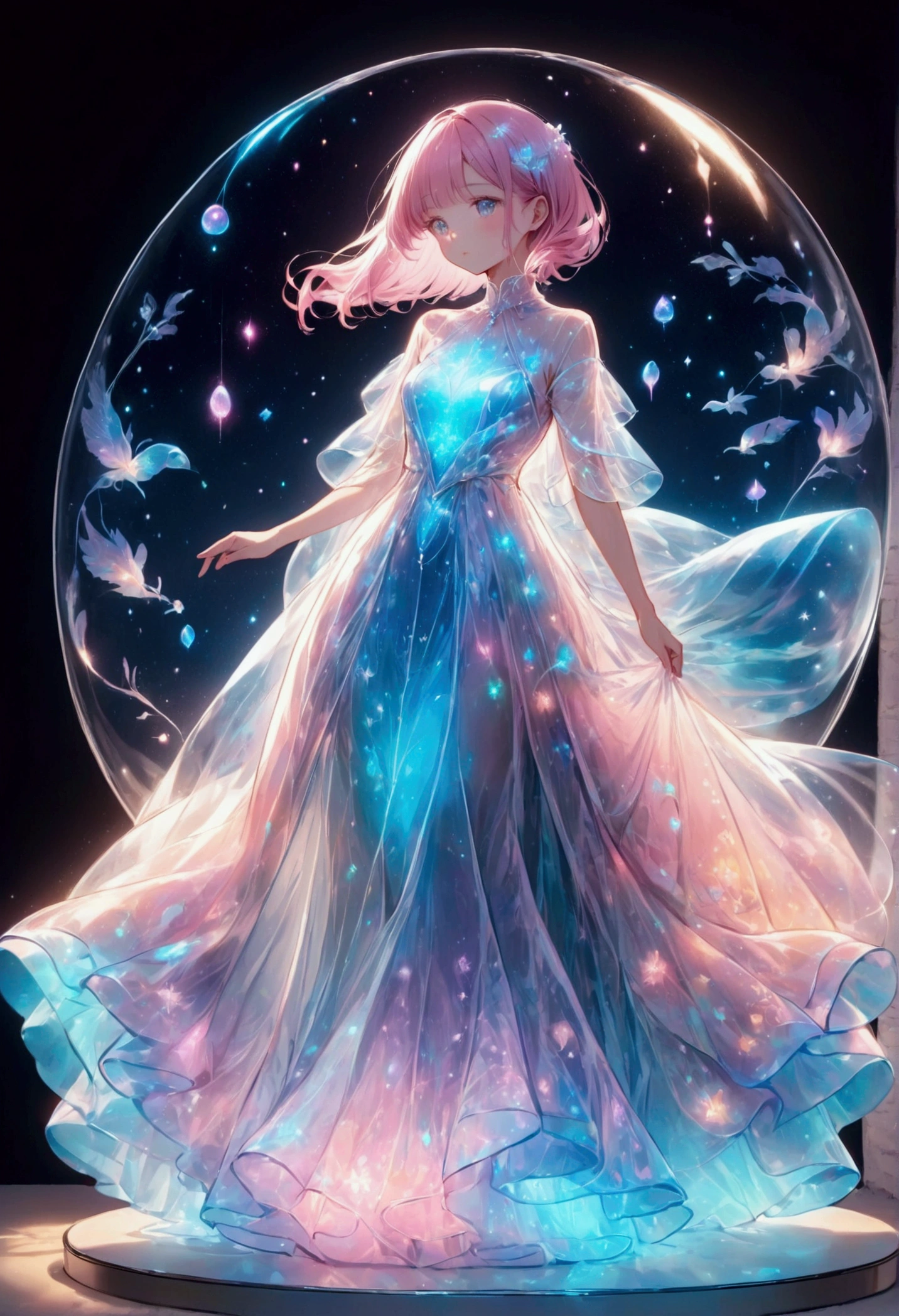 Pastel colored girl,Draw the outline in white,Gentle colors,Translucent vinyl dress,bioluminescent dress,Fantasy,dream