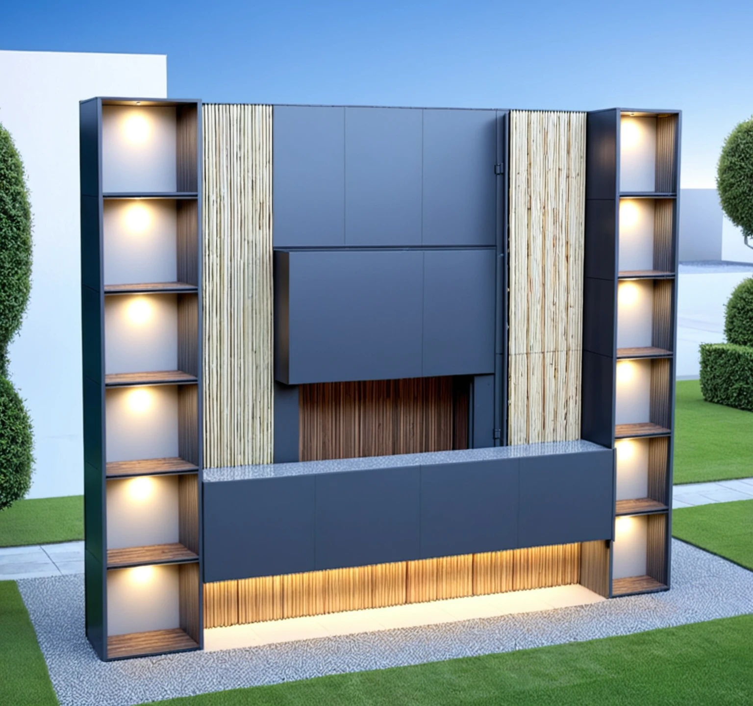 a rendering of'une télévision montée sur un mur avec un panneau en marbre, marble and wood and glass, furniture concept photo!!, 3d rendering, 3d rendering, 3D model rendered, with detailed wood, neotraditional modern, Mixed materials, conception 3D, conception 3D, 3d rendering détaillé, detailed 3D rendering, furniture'Armoire, notion 3D