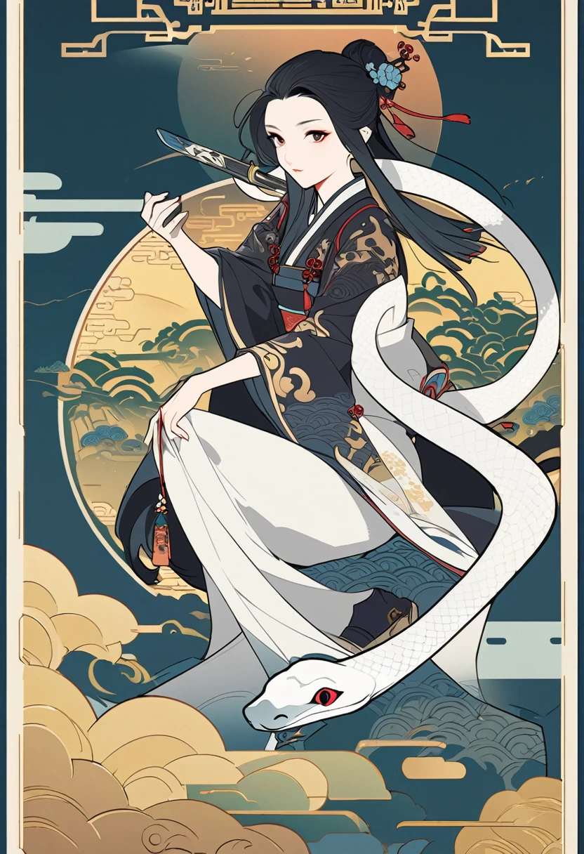 cover page, Four major folk legends of ancient China, The Legend of the White Snake, Bai she zhuàn, flat Design, vector illustrations, graphic illustration, detailed 2d illustration, flat illustration, digital illustration, digital artwork,