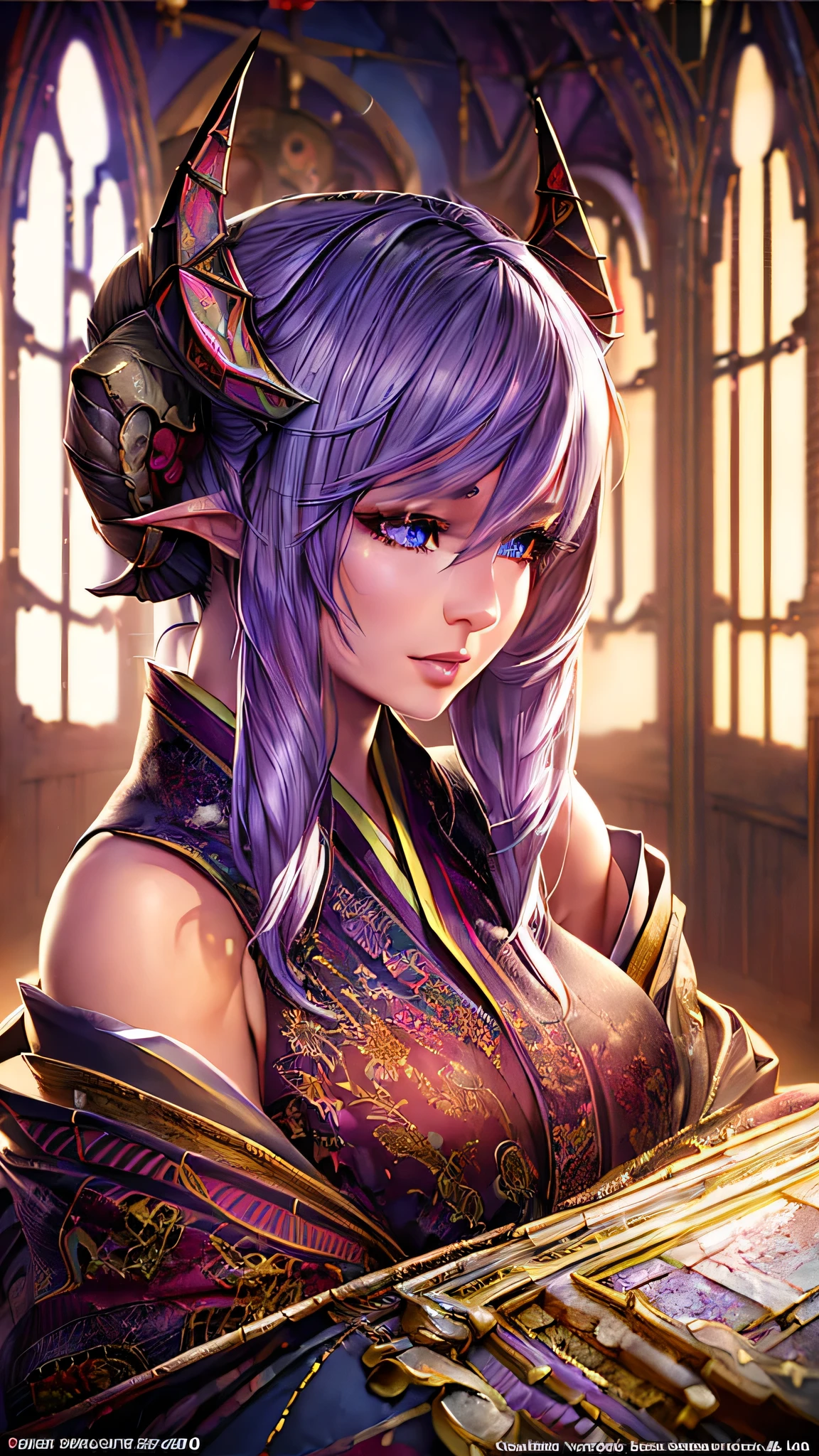 1girl, beautiful detailed eyes, beautiful detailed lips, extremely detailed face, long eyelashes, asian, japanese, kimono, horns, demon, abandoned church, fantasy, (best quality,4k,8k,highres,masterpiece:1.2),ultra-detailed,(realistic,photorealistic,photo-realistic:1.37),intricate details,cinematic lighting,dramatic shadows,vibrant colors,moody atmosphere