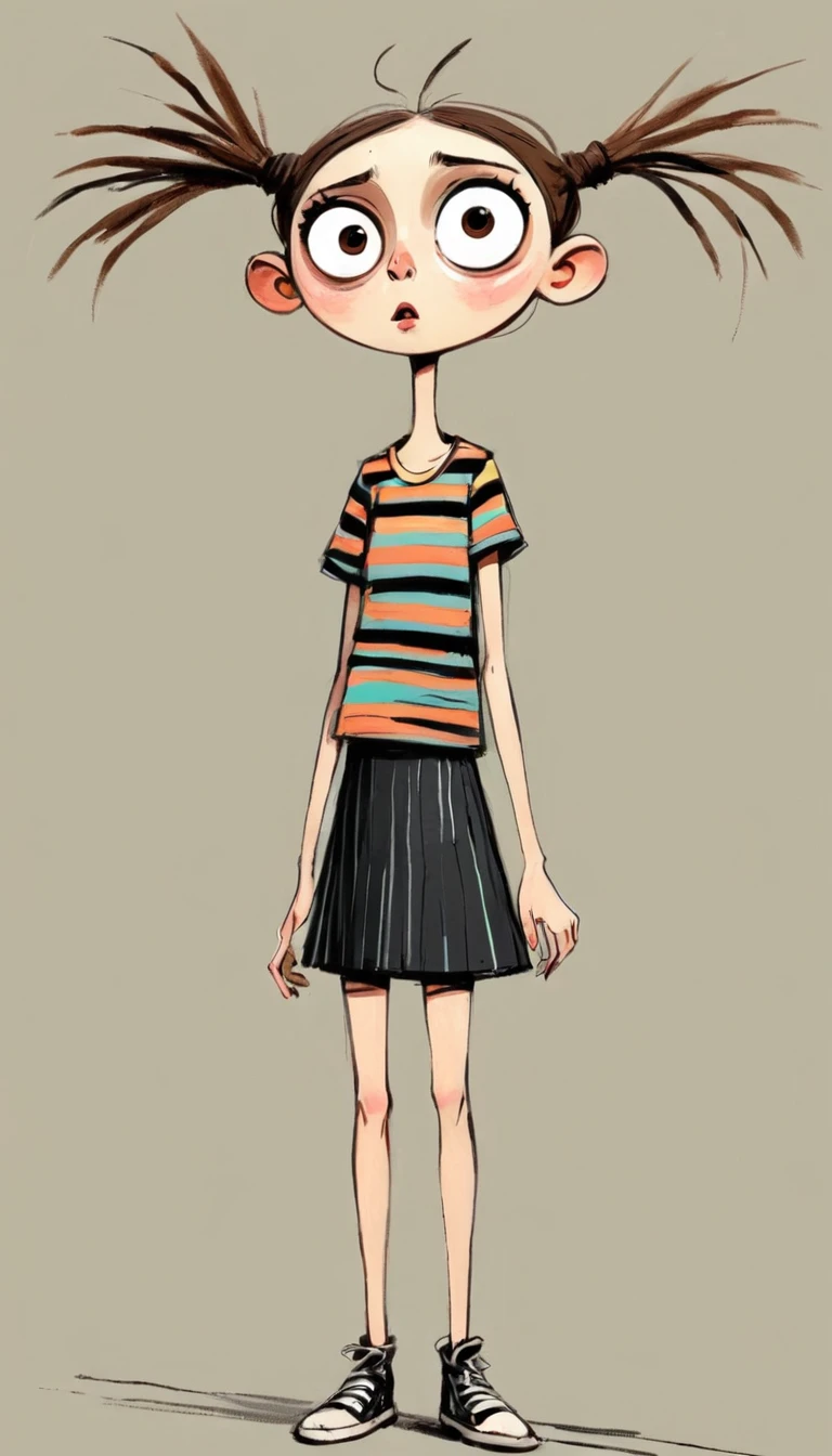 (((Exaggerated digital character sketches:1.37，Matchstick Men))).(1 Girl，big eyes，Pointed nose，Exaggerated expression，Striped T-shirt，Strap skirt)，(Black sketch lines，Loose brushstrokes create the outline， Bright colors and simplified lines, sketch)。(Exaggerated body movements),