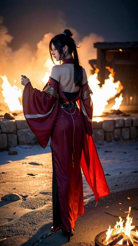 best quality,masterpiece,Ultra-high resolution,(photoactual:1.4),Dark Background,The fire is shocking,Game characters,20-year-old,a cold,Beautiful oriental woman(goddess),deep red eyes,Dark red long ponytail,Wearing red ancient Hanfu,Backless,Back flame tattoo,Turn around